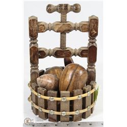 NUTCRACKER BOWL FILLED WITH WOODEN FRUITS