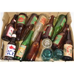 FLAT OF VINTAGE BEER BOTTLES AND TELEPHONE
