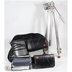 VINTAGE CAMERA TRIPOD WITH BAG OF CAMERAS