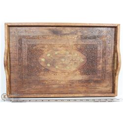 ORIENTAL HANDCARVED WOODEN TRAY W/ COPPER INLAY