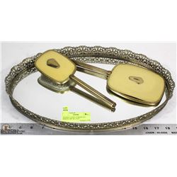 ANTIQUE LADIES POWDER SET, MIRROR, BRUSH, TRAY