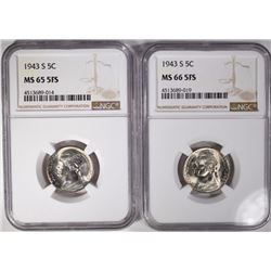 (2) 1943-S JEFFERSON NICKELS, NGC MS-65 FS & 66 FS