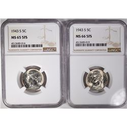 (2) 1943-S JEFFERSON NICKELS, NGC MS-65 FS & 66 FS