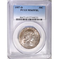 1957-D FRANKLIN HALF DOLLAR, PCGS MS-65 FBL