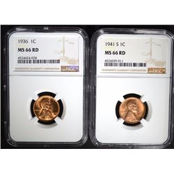 1936 & 1941-S LINCOLN CENTS NGC MS66 RD