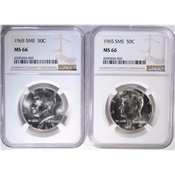 (2) 1965 SMS KENNEDY HALF DOLLARS, NGC MS-66