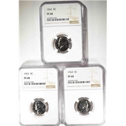 1962, 1963, 1964 JEFFERSON NICKELS NGC PF68