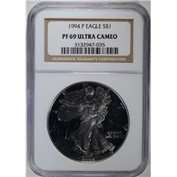 1994-P AMERICAN SILVER EAGLE, NGC PF69 ULTRA CAMEO
