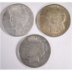 1921-S MORGAN, 1923S & 1922S PEACE DOLLARS