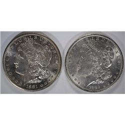 1881-S & 1889 MORGAN SILVER DOLLARS, CH BU