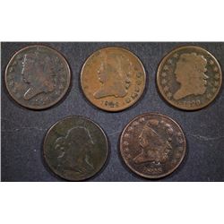 (5) LOWER GRADE HALF CENTS: 1807, (3) 1828, & 1829