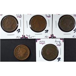 LARGE CENT 1853, 1846, & 1851-F; 1833 & 1840-VG