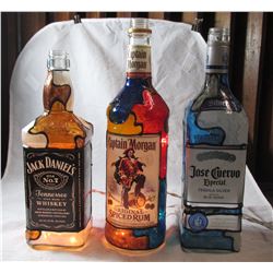 Lot of 3 Upcycled Liquor Bottle Lamps; Jack Daniels, Captain Morgan and Jose