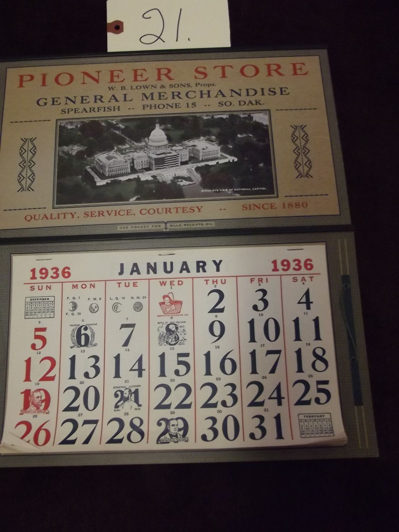 1936 Calendar from The Pioneer Store in Spearfish SD