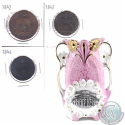 1842-1844 Bank of Montreal One Penny & half Penny Tokens with Pink and White Floral Vase depicting t