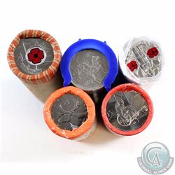 1973, 2006-P, 2007 Wheelchair, 2008 Poppy and 2010 Poppy Canada 25-cent Rolls of 40pcs. 5pcs