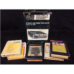 VINTAGE AGS 8-TRACK CAR STEREO TAPE PLAYER MODEL GA-400 (W/ BOX) & CASSETTES