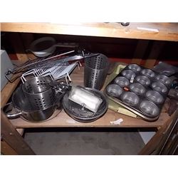 SHELF OF BAKING PANS, CURTAIN ROD  & MORE