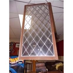 VINTAGE LEADED GLASS WINDOW WITH CHAIN