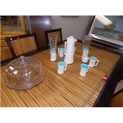 COFFEE SET, CAKE PLATE & 2 VASES