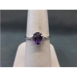 RING - OVAL FACETED AMETHYST & 2 DIAMONDS IN STERLING SILVER SOLITAIRE DESIGNED SETTING - RETAIL EST