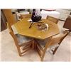 Image 1 : OAK DINING TABLE - OCTAGON SHAPED - INCLUDES LEAF & 4 CHAIRS (OAK & RATAN)