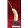 Image 1 : CARVED MARINE IVORY ON WHALE'S TOOTH OF  NARWHAL ON SOAPSTONE STAND W/JADE EYES