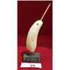 Image 2 : CARVED MARINE IVORY ON WHALE'S TOOTH OF  NARWHAL ON SOAPSTONE STAND W/JADE EYES