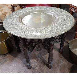 VINTAGE INDIAN BRASS TRAY ON CARVED FOLDING STAND