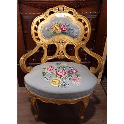 VICTORIAN GILT PARLOUR CHAIR W/NEEDLEPOINT SEAT