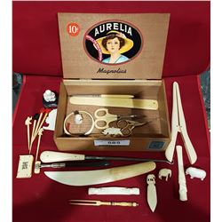 AURELIA CIGAR BOX W/APPROX 14 PCS CARVED IVORY