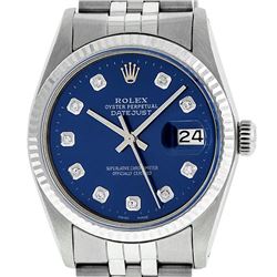 Rolex Mens 36mm Stainless Steel Blue Diamond Datejust Wristwatch