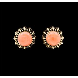 Salmon Coral Cabochon Earrings - 14KT Yellow Gold