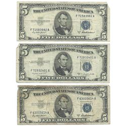 1953 $5 Silver Certificate Currency Lot of 3