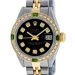 Rolex Ladies 2T Black Diamond And Emerald Datejust Wristatch