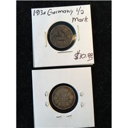 1905A &1913A GERMANY1/2MARK SILVER COINS!