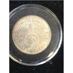 1938 NAZI GERMANY 5 REICHSMARK SILVER COIN! PAUL VON HINDENBURG!