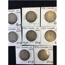 1910-1936 CANADA 50 CENTS LOT OF 8 COINS!