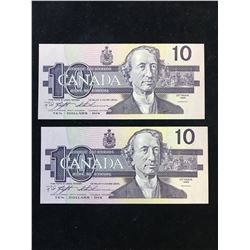 1989 BANK OF CANADA $10 NOTES! 2 IN SEQUENCE!