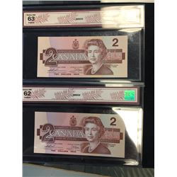 1986 BANK OF CANADA BCS GRADED $2 BANKNOTE LOT OF 2 NOTES! CHOICE UNC