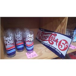 10 DIET PEPSI GLASSES AND 5 CENT PEPSI COLA PORCELAIN SIGN (ANDE ROONEY REPRODUCTION USA)