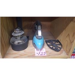 GAS IRON, WALL HANGING COAL OIL LAMP (NO CHIMNEY) AND IRON TRIVET