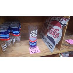10 PEPSI-COLA DIET PEPSI GLASSES AND PEPSI-COLA (1991) CARBOARD SIGN