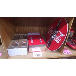 4 PIECE COCA-COLA GLASSES IN COCA-COLA TIN (REPRO) PLUS COCA-COLA ROUND SIGN (ANDE ROONEY REPRO USA)