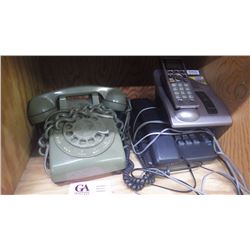 VINTAGE ROTARY DIAL DESK PHONE, CORDLESS PHONE PLUS NEWER DESK PHONE PLUS FIRST AID KIT, ROOT BEER K