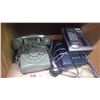 Image 1 : VINTAGE ROTARY DIAL DESK PHONE, CORDLESS PHONE PLUS NEWER DESK PHONE PLUS FIRST AID KIT, ROOT BEER K