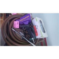 1 LOT OF HAND HELD SAND BLASTER, AIR HOSE, AIR GAUGE, GOGGLES, ETC