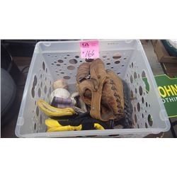 1 CRATE WITH 3 ASSORTED BALL GLOVES, SOFT AND HARD BALLS, ASSORTED WORK GLOVES