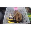 Image 1 : 1 CRATE WITH 3 ASSORTED BALL GLOVES, SOFT AND HARD BALLS, ASSORTED WORK GLOVES