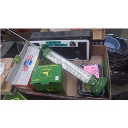 1 BOX J.D. HANGING ORNAMENTS, J.D. SALT AND PEPPER SHAKER, CHANGE TRAYS, PLUS SOLAR TEMPERATURE GAUG